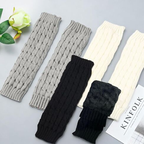 Winter Fleece Lined Knit Leg Warmers,3 Pairs Leg Warmer 80s Ribbed Knitted Long Socks in Kuwait