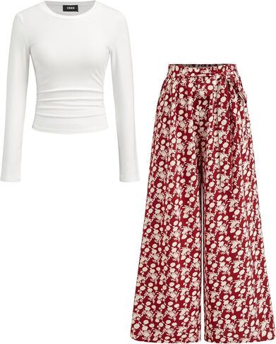 سروال Palazzo نسائي واسع الساق بطبعة زهور من CIDER، بنطال مرن عالي الخصر مع بلوزة بأكمام طويلة in Kuwait