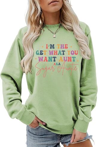 سويت شيرت نسائي من Sugar Auntie برسوم جرافيك مضحك، قميص Aunt Life، بياقة دائرية وأكمام طويلة، بلوفر العمة الخريفي in Saudi Arabia