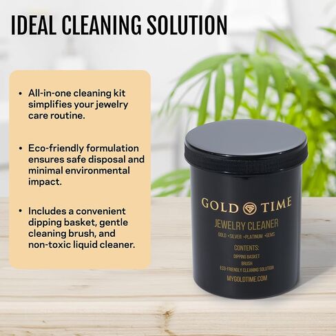 Gold Time Jewelry Cleaner Kit – Safe for Gold, Silver, Platinum & Gemstones | Eco-Friendly Formula | Includes Dipping Basket & Brush | Gentle on Porous Stones Like Opals & Pearls | Easy-to-Use Solution in Saudi Arabia