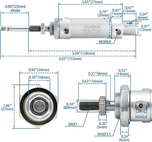 Baomain Mini Air Cylinder MAL 16 X 75 Single Male Thread Rod Dual Action 16 Bore 75 Stroke in Saudi Arabia