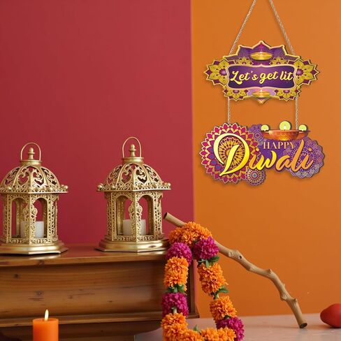 Happy Diwali Sign,Indian Festival of Light Wall Plaque,India Diwali Decoration for Wall,Lotus Lights Diyas Door Sign,Hindu Dewalee Greeting Wall Hanger for Home Party Porch Yard Room Office in Saudi Arabia