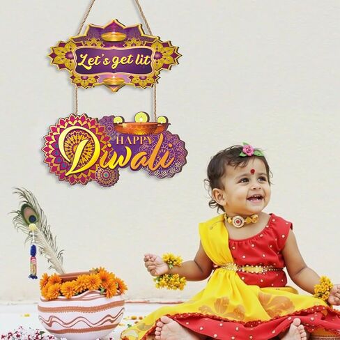 Happy Diwali Sign,Indian Festival of Light Wall Plaque,India Diwali Decoration for Wall,Lotus Lights Diyas Door Sign,Hindu Dewalee Greeting Wall Hanger for Home Party Porch Yard Room Office in Saudi Arabia