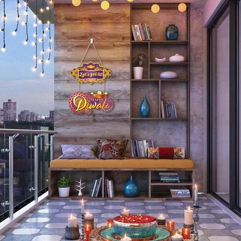 Happy Diwali Sign,Indian Festival of Light Wall Plaque,India Diwali Decoration for Wall,Lotus Lights Diyas Door Sign,Hindu Dewalee Greeting Wall Hanger for Home Party Porch Yard Room Office in Saudi Arabia