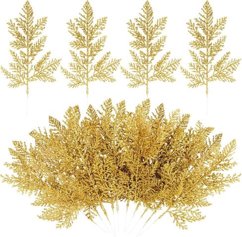 20PCS Artificial Cedar Sprigs Picks - RAINFLOW Gold Glitter Faux Plants Indoor Mini Christmas Tree Gold Leaf Pine Branches Garland Real Touch for Fireplace Mantel Decor Christmas Decorations 10.2" in Saudi Arabia