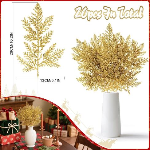 20PCS Artificial Cedar Sprigs Picks - RAINFLOW Gold Glitter Faux Plants Indoor Mini Christmas Tree Gold Leaf Pine Branches Garland Real Touch for Fireplace Mantel Decor Christmas Decorations 10.2" in Saudi Arabia