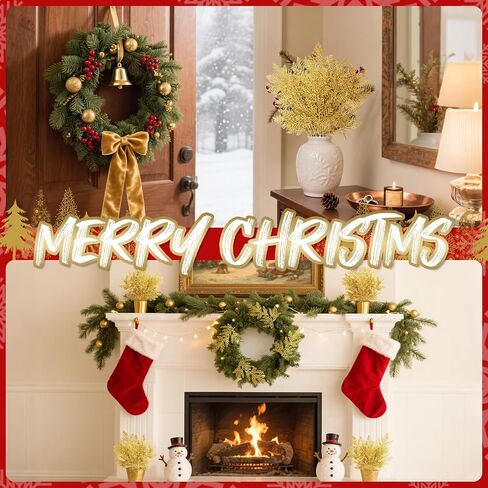 20PCS Artificial Cedar Sprigs Picks - RAINFLOW Gold Glitter Faux Plants Indoor Mini Christmas Tree Gold Leaf Pine Branches Garland Real Touch for Fireplace Mantel Decor Christmas Decorations 10.2" in Saudi Arabia
