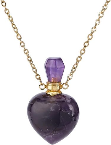 PH PandaHall Natural Amethyst Perfume Bottle Necklace, Heart Shape Essential Oil Diffuser Bottle Real Amethyst Crystal Stone Necklace Golden Chain for Women Jewelry, Purple, 1 Piece in Saudi Arabia