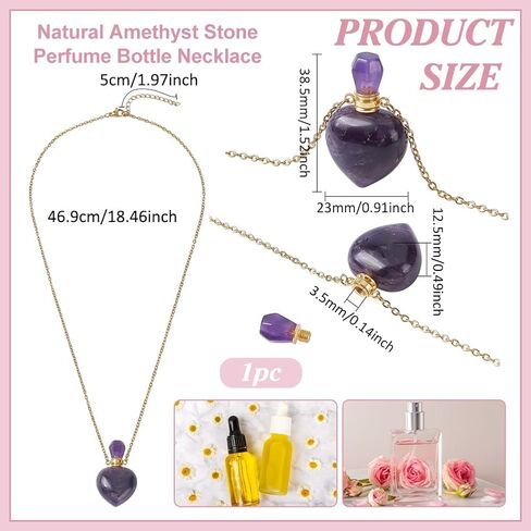 PH PandaHall Natural Amethyst Perfume Bottle Necklace, Heart Shape Essential Oil Diffuser Bottle Real Amethyst Crystal Stone Necklace Golden Chain for Women Jewelry, Purple, 1 Piece in Saudi Arabia