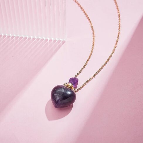 PH PandaHall Natural Amethyst Perfume Bottle Necklace, Heart Shape Essential Oil Diffuser Bottle Real Amethyst Crystal Stone Necklace Golden Chain for Women Jewelry, Purple, 1 Piece in Saudi Arabia