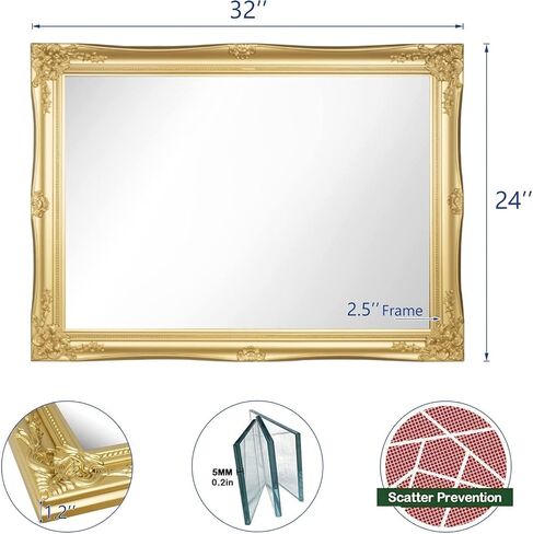 HAA Large Ornate Gold Baroque Frame Mirror Aged Luxury Elegant Rectangle Wall Piece Vanity, Bedroom, or Bathroom (Gold, 32"x24") in Saudi Arabia