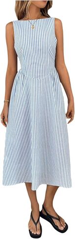 SOLY HUX Women's Summer Striped Midi Dress Elegant Boat Neck Sleeveless A Line Dresses in Saudi Arabia