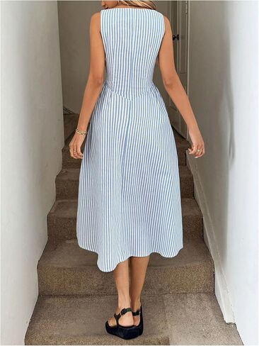 SOLY HUX Women's Summer Striped Midi Dress Elegant Boat Neck Sleeveless A Line Dresses in Saudi Arabia