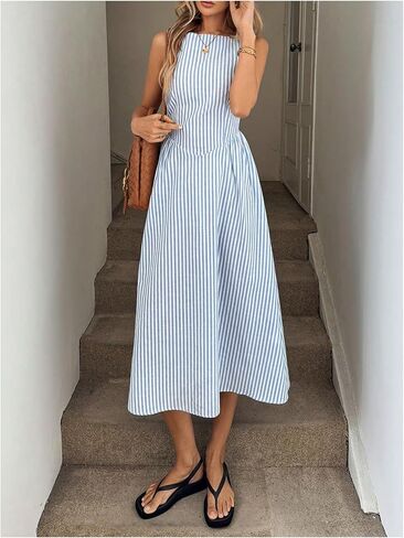 SOLY HUX Women's Summer Striped Midi Dress Elegant Boat Neck Sleeveless A Line Dresses in Saudi Arabia