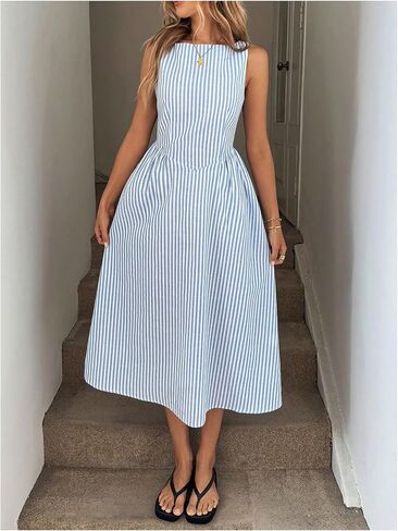 SOLY HUX Women's Summer Striped Midi Dress Elegant Boat Neck Sleeveless A Line Dresses in Saudi Arabia