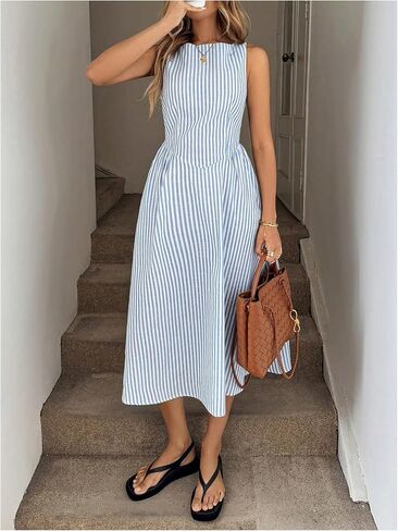 SOLY HUX Women's Summer Striped Midi Dress Elegant Boat Neck Sleeveless A Line Dresses in Saudi Arabia