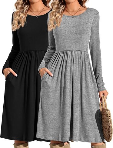 Riyiper 2 Pack Casual Dresses Women Fall Winter 2025, Long Sleeve Loose Fit Pleated Swing Dress with Pockets Knee Length in Saudi Arabia