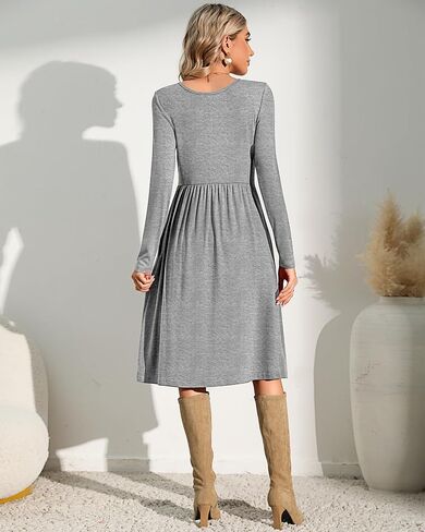 Riyiper 2 Pack Casual Dresses Women Fall Winter 2025, Long Sleeve Loose Fit Pleated Swing Dress with Pockets Knee Length in Saudi Arabia