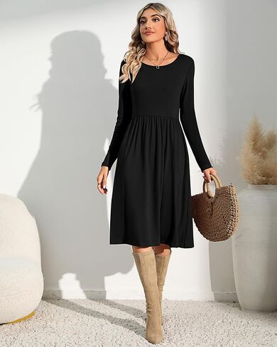 Riyiper 2 Pack Casual Dresses Women Fall Winter 2025, Long Sleeve Loose Fit Pleated Swing Dress with Pockets Knee Length in Saudi Arabia