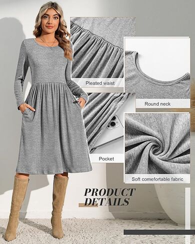 Riyiper 2 Pack Casual Dresses Women Fall Winter 2025, Long Sleeve Loose Fit Pleated Swing Dress with Pockets Knee Length in Saudi Arabia