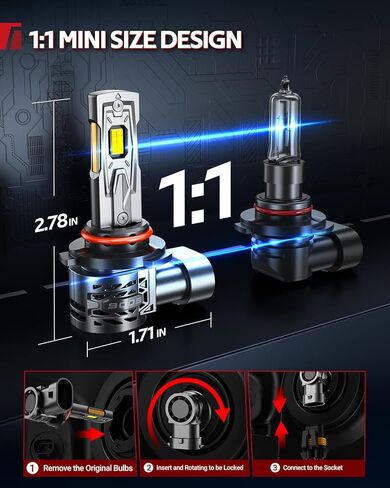 مصابيح Torchbeam T5A 9005/HB3، سطوع فائق 60,000 لومن، حجم 1:1، 6500 كلفن أبيض بارد، عمر طويل 80000 ساعة مع مروحة تبريد 25000 دورة في الدقيقة، شعاع قابل للتعديل 360 درجة، تثبيت 3 دقائق، IP68، حزمة من 2 in Kuwait