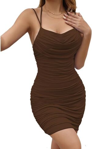 Yeshire Women's Halterneck Spaghetti Strap Short Mini Dress Slim Ft Bodycon Ruched Short Prom Party Dresses in Saudi Arabia
