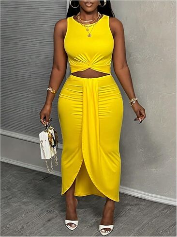 SweatyRocks Women's Twist Cut Out Dress Sleeveless Ruched Crew Neck Bodycon Maxi Dresses in Saudi Arabia