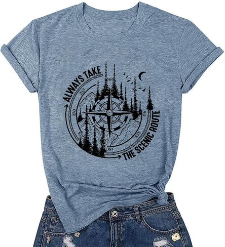 تي شيرت نسائي رياضي للمغامرات الجبلية مع بوصلة جرافيك للتخييم في الهواء الطلق والمشي لمسافات طويلة على شكل شجرة الصنوبر وتجول في الهواء الطلق in Kuwait