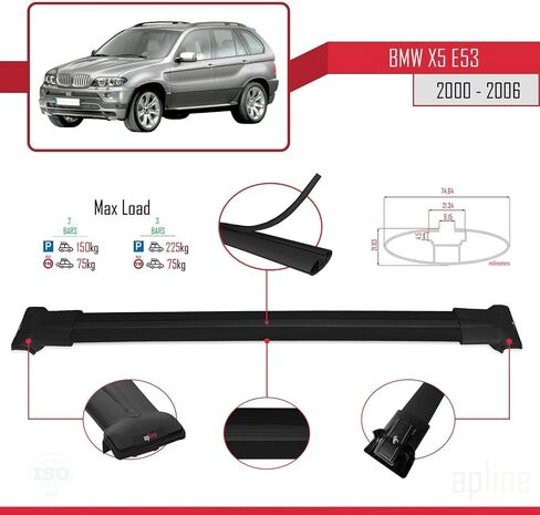 متوافق مع BMW X5 (E53) 2000-2006 Fly Model Car Roof Rack Cross Bar أسود ألومنيوم 2 بار in Saudi Arabia
