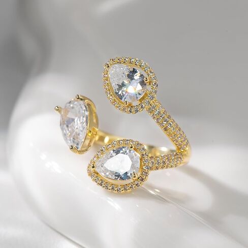 Aura & lrena Luxury Pear-Shaped Zirconia Cocktail Ring – Adjustable 18K Gold-Plated or Platinum-Plated Statement Jewelry for Women – Elegant Wedding, Party Gift in Kuwait