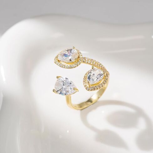 Aura & lrena Luxury Pear-Shaped Zirconia Cocktail Ring – Adjustable 18K Gold-Plated or Platinum-Plated Statement Jewelry for Women – Elegant Wedding, Party Gift in Kuwait