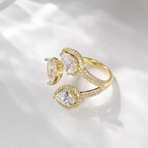 Aura & lrena Luxury Pear-Shaped Zirconia Cocktail Ring – Adjustable 18K Gold-Plated or Platinum-Plated Statement Jewelry for Women – Elegant Wedding, Party Gift in Kuwait