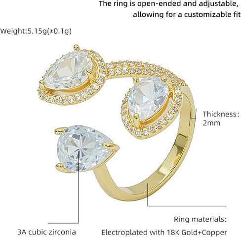 Aura & lrena Luxury Pear-Shaped Zirconia Cocktail Ring – Adjustable 18K Gold-Plated or Platinum-Plated Statement Jewelry for Women – Elegant Wedding, Party Gift in Kuwait