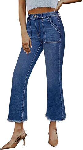 بنطلون جينز نسائي، بنطلون جينز عالي الخصر من قماش الدنيم قابل للتمدد وخصر مرن وطول الكاحل مع حاشية خام in Kuwait