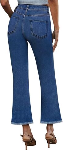 بنطلون جينز نسائي، بنطلون جينز عالي الخصر من قماش الدنيم قابل للتمدد وخصر مرن وطول الكاحل مع حاشية خام in Kuwait