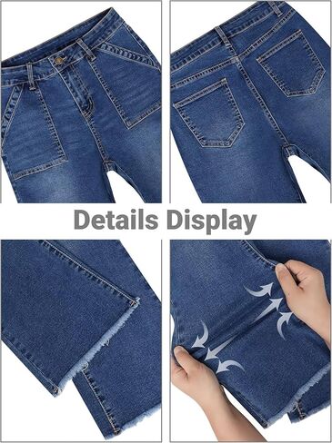 بنطلون جينز نسائي، بنطلون جينز عالي الخصر من قماش الدنيم قابل للتمدد وخصر مرن وطول الكاحل مع حاشية خام in Kuwait