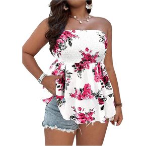 SOLY HUX Women's Plus Size Tube Tops Floral Print Shirred Strapless Sleeveless Peplum Ruffle Top in Saudi Arabia