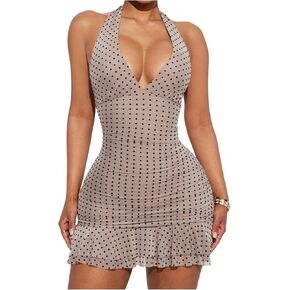 Milumia Women's Polka Dots Halter Ruffle Mini Dress Sexy Deep V Neck Backless Bodycon Party Club Short Dresses in Kuwait