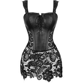 Niiyyjj Womens Steampunk Gothic Overbust Corset Dress Lace Up Zipper Back Faux Leather Bustier Lingerie in Kuwait