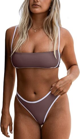Bandeau Bikini Sets for Women Color Block Two Piece Swimsuit Adjustable Spaghetti Straps Bathing Suits in Saudi Arabia
