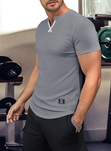 Men's Muscle Shirt V Neck Slim Longline Short Sleeve Henley Shirt Gym Workout Athletic Tees Mens Tights for Sports in Saudi Arabia