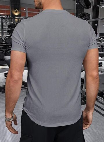 Men's Muscle Shirt V Neck Slim Longline Short Sleeve Henley Shirt Gym Workout Athletic Tees Mens Tights for Sports in Saudi Arabia
