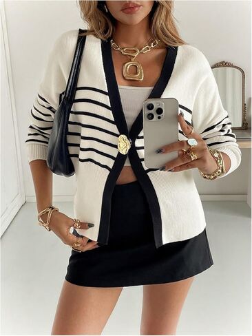 MakeMeChic Women's Striped Cardigan Metal Button Long Sleeve V Neck Y2K Sweater in Saudi Arabia