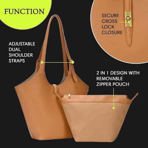 Miztique Isabelle 2 in 1 Scoop Neck Tote - Vegan Leather Handbag for Women Adjustable Shoulder Straps Removable Zipper Pouch in Kuwait