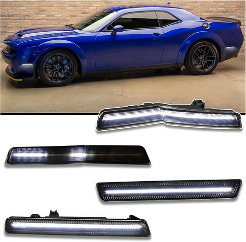 ضوء علامات جانبية مدخنة لـ 2018-2023 دودج تشالنجر SRT Hellcat/Demon/Redeye/Super Stock/Jailbreak/Scat Pack Widebody | ديناميكيات متسلسلة إشارات الانعطاف باللون الأبيض | مجموعة التوصيل والتشغيل المكونة من 4 قطع in Kuwait