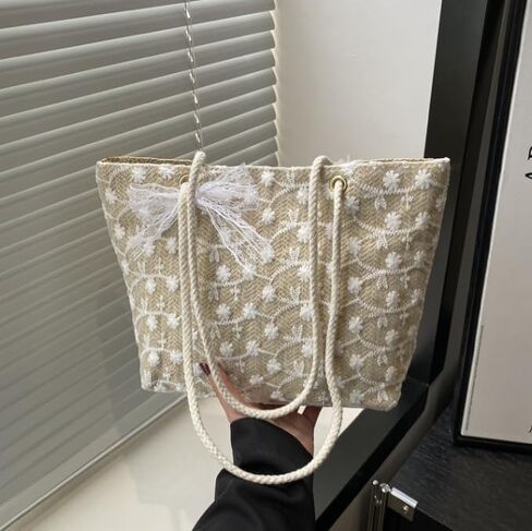 Elegant Lace Straw Tote Bag - Korean Style Large Capacity Handbag for Women Shoulder and Hand Carry in Saudi Arabia