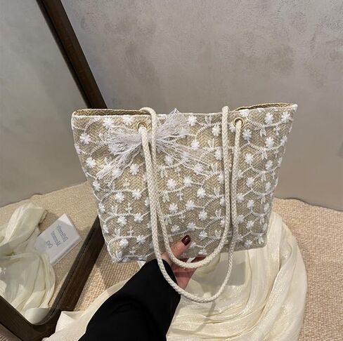 Elegant Lace Straw Tote Bag - Korean Style Large Capacity Handbag for Women Shoulder and Hand Carry in Saudi Arabia
