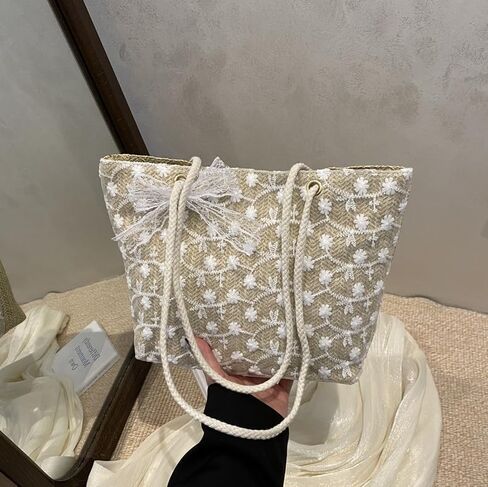 Elegant Lace Straw Tote Bag - Korean Style Large Capacity Handbag for Women Shoulder and Hand Carry in Saudi Arabia