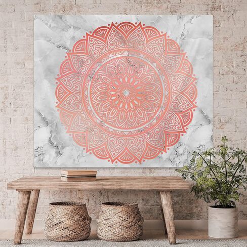 نسيج حائط من Feel Kozi Floral Mandala باللون الذهبي الوردي - نسيج رخامي لديكور غرفة النوم - معلق على الحائط كبير ونسيج ديكور منزلي مع قضبان معلقة متضمنة (80 × 68 بوصة) in Saudi Arabia