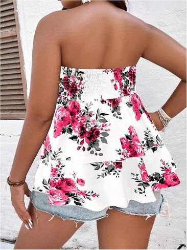 SOLY HUX Women's Plus Size Tube Tops Floral Print Shirred Strapless Sleeveless Peplum Ruffle Top in Saudi Arabia